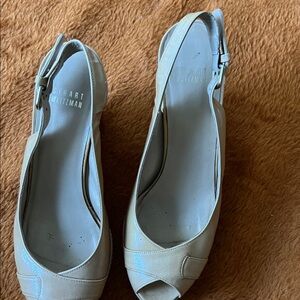 Stuart Weitzman Cream Patent Peep-Toe Slingback Heels